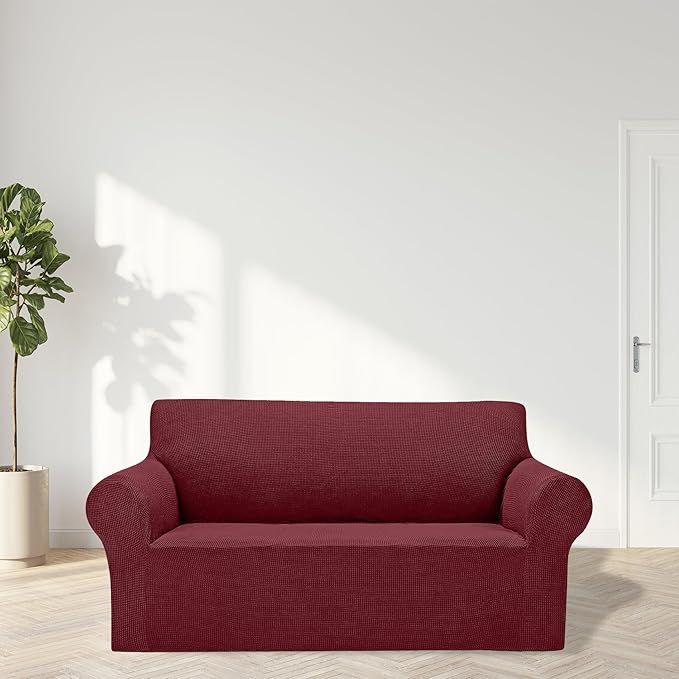 Cupuamon 2026 New Stretch Loveseat Sofa Slipcovers Couch Cover for 2 Cushion Furniture Protector Sofa Covers with Elastic Bottom Jacquard Fabric Small Checks for Pets, Kids - Dark Red