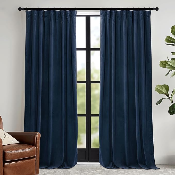 RYB HOME Navy Blue Velvet Curtains 72 inches with Hook Belt, Soft Fabric Room Darkening Thermal Insulated Luxurious Home Decor Curtains for Living Room Bedroom, W 52" x L 72", 2 Panels Set