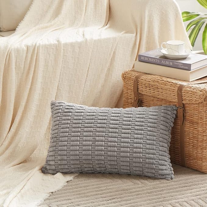 Fancy Homi 4 Packs Grey Decorative Throw Pillow Covers 12x24 Inch for Living Room Couch Bed, Rustic Modern Farmhouse Boho Home Decor, Soft Plush Corduroy Gray Cute Square Accent Cushion Case 30x60 cm