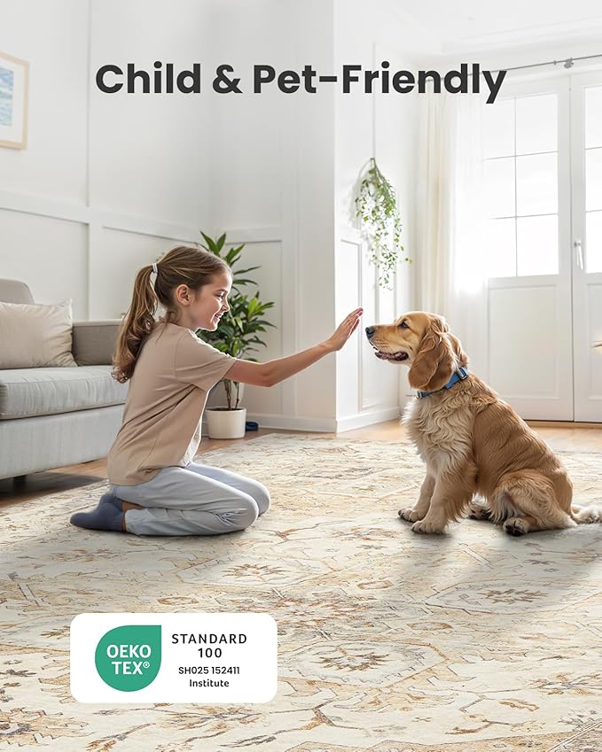 AMADA HOMEFURNISHING 6x9 Area Rugs, Beige Washable Rug Low-Profile with Non-Slip Backing & Durable Edge Binding, Vintage Rugs for Living Room, Bedroom, Dinning Room