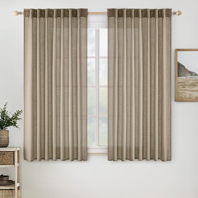 MIULEE Taupe Grey Linen Curtains 63 Inch Length 2 Panels for Bedroom Living Room, Soft Linen Textured Window Drapes Semi Sheer Light Filtering Back Tab Rod Pocket Farmhouse Modern Burlap Look Decor