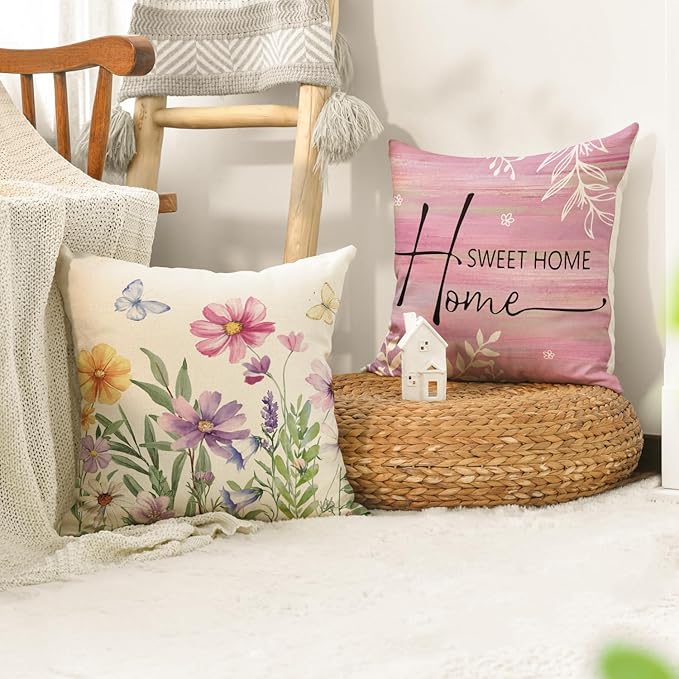 AVOIN colorlife Spring Saying Flowers Butterfly Pink Throw Pillow Covers, 20 x 20 Inch Home Sweet Home Cushion Case for Sofa Couch Set of 4