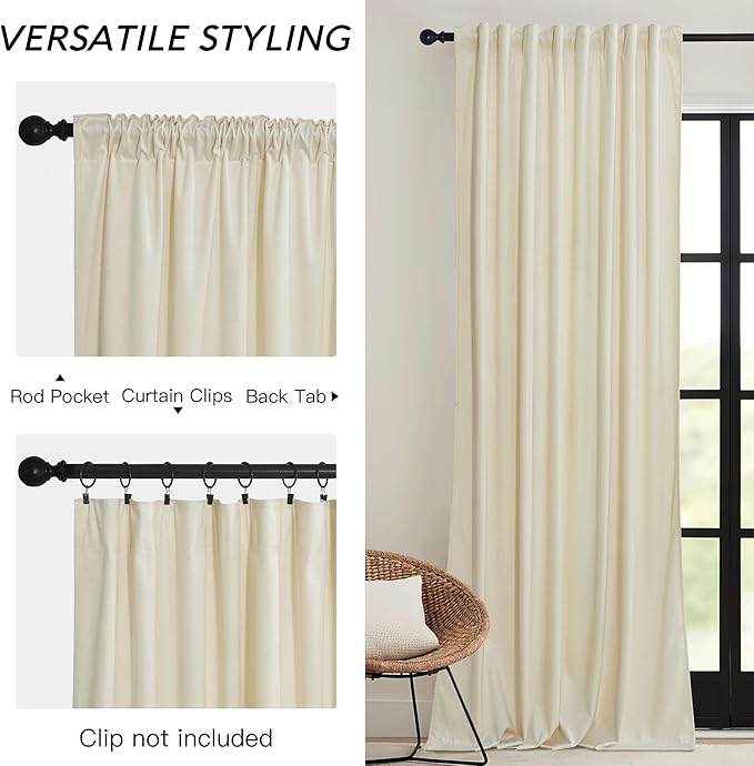 RYB HOME Beige Velvet Curtains 96 inches - Rod Pocket & Back Tab Boho Window Panels Privacy Theraml Insulted Drapes for Bedroom Bathroom, W52 x L96, 2 Panels Set