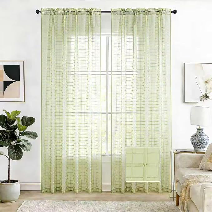 SpaceDresser Check Sheer Curtains 45 Inches 2 Panels Set, Rod Pocket Plaid Window Curtain for Living Room, Sage Green Semi Sheer Drapes for Kitchen Bedroom Children Room Yard（Sage Green, 52W x 45L）