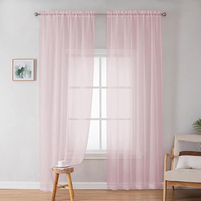 OWEINE Sheer Curtains 90 Inches Long 2 Panels Set, Light Filtering Fimly Voile Solid Blush Window Curtain Panels for Living Room Bedroom, Soft Voile Sheer Curtains & Drapes, Total 84 Inches Width