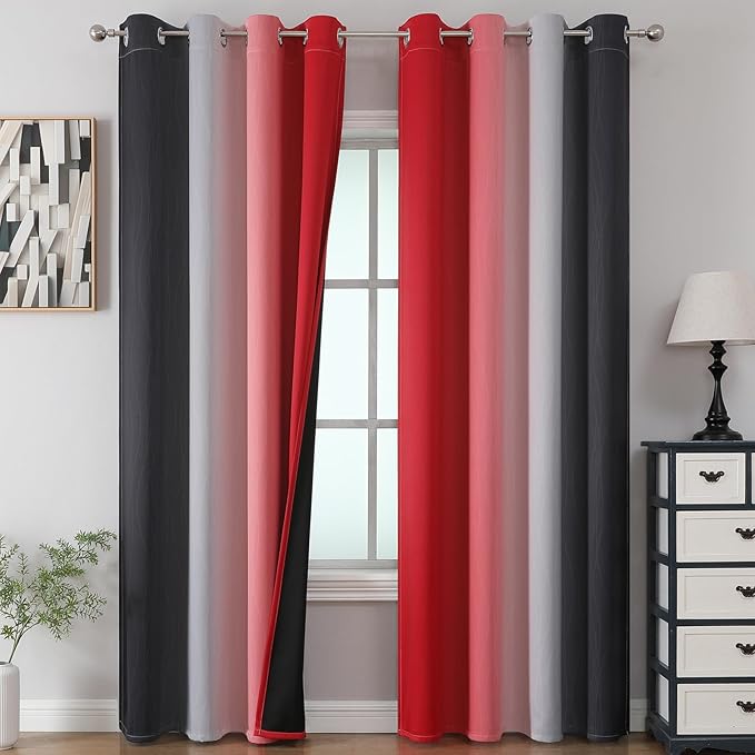 Estelar Textiler Red and Black Ombre Blackout Curtains 102 Inches Long 2 Panels Set, Thermal Insulated Drapes for Bedroom,Full Light Blocking Grommet Gradient Curtains for Living Room, 52Wx102L