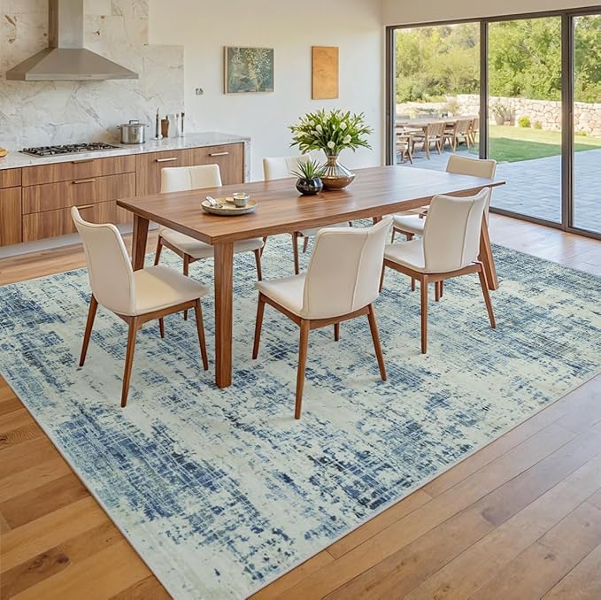 10x14 Area Rugs for Living Room Washable Rug: Anti-Skid Abstract Modern Living Room Rug Soft Thin Carpets Indoor Floor Non-Shedding Carpet for Bedroom Dining Farmhouse Nursery Blue Gray Gold