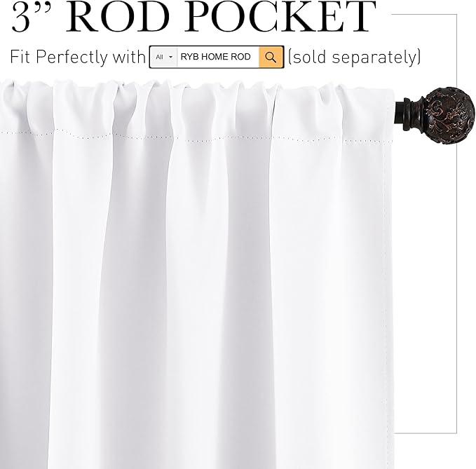 RYB HOME Privacy Bathroom Window Curtains, Short Thermal Insulated Heat Blocking Privacy Rod Pocket Half Window Curtain Tiers for Nursery Bedroom, Width 42 by Length 30, Pure White, 2 Panels