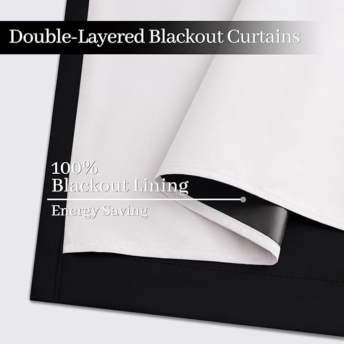 Yakamok 100% Blackout Curtains Black Room Darkening Thermal Insulated Window Curtain with 2 Thick Layers-Set of 2 Panels Grommet Top Drapes for Bedroom Living Room 52 Inches by 63 Inches Length