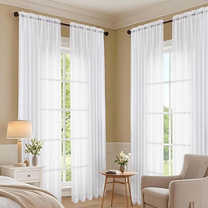 OVZME White Sheer Curtains 108 Inches Long 2 Panels Set, Extra Wide Solid Lightweight & Airy Gauzy Window Treatments with Light Filtering for Patio Sliding Door, 59Wx108L Inches