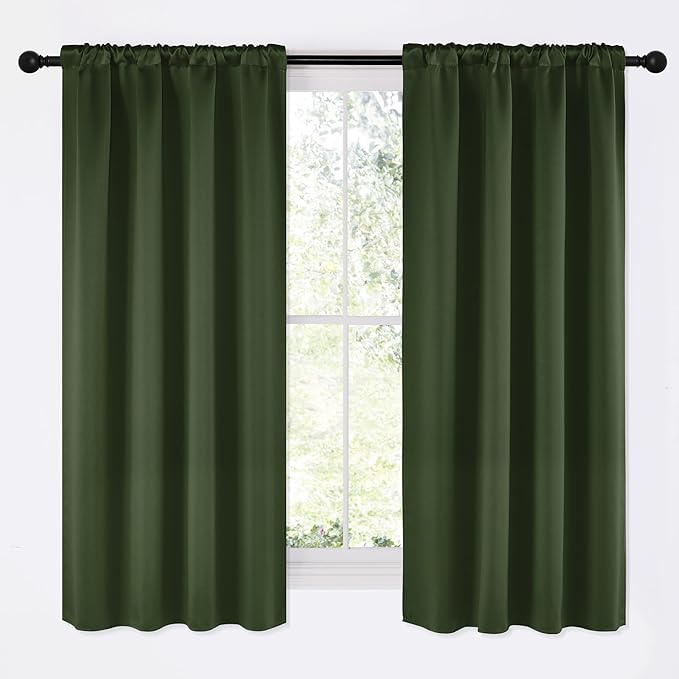 NICETOWN Dark Green Blackout Cafe Satin Curtains for Small Windows, 42" Wide by 63" Long, 2 Panels, Rod Pocket Noise Reducing Faux Silk Blackout Drapes for Dining Room