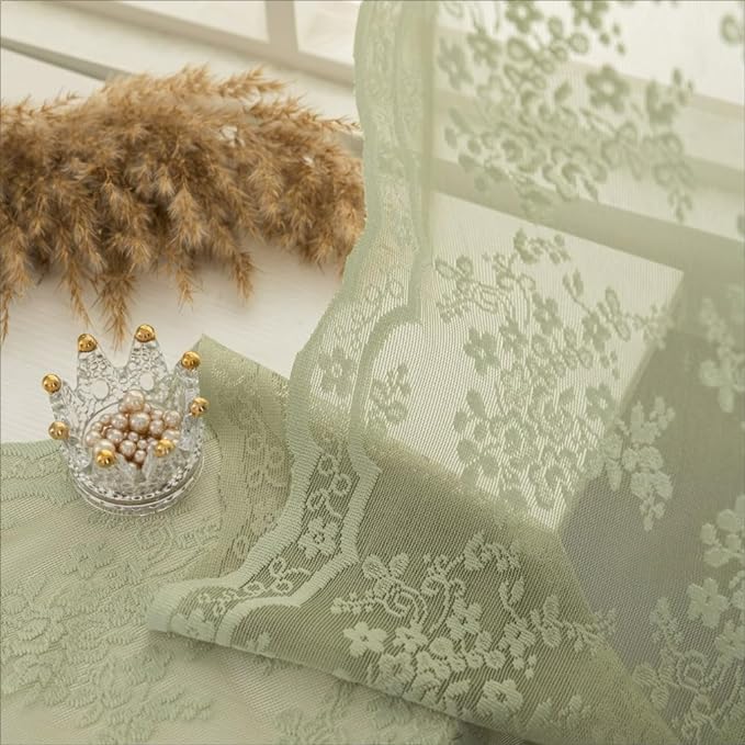 YJ YANJUN Vintage Lace Curtains -Victorian Floral Sage Green 102 inches Curtains for Bedroom Sliding Glass Door Light Filtering Bohemian Farm House Cottage Core Decor Total 104 Wide 12 FT Long