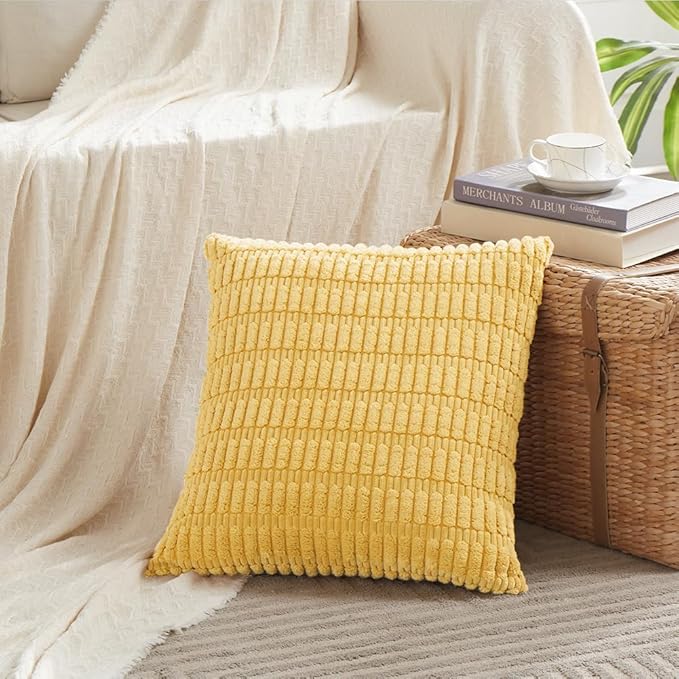 Fancy Homi 4 Packs Yellow Euro Decorative Throw Pillow Covers 26x26 Inch for Living Room Couch Bed Sofa, Rustic Farmhouse Boho Home Decor, Soft Striped Corduroy Square Cushion Case 66x66 cm