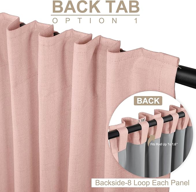 100% Blackout Shield Linen Blackout Curtains for Bedroom 96 Inches Long, Back Tab/Rod Pocket Living Room Drapes, Thermal Insulated Blackout Curtains 2 Panels Set, 50" W x 96" L, Blush Pink