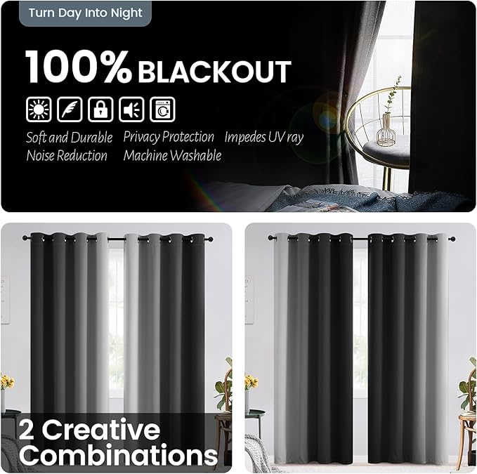 SimpleHome Ombre 100% Blackout Curtains for Bedroom 84 Inches Long, Black and Greyish White Room Darkening Thermal Insulated Grommet Curtain/Drapes for Living Room,2 Panels, 52x84 inches Length