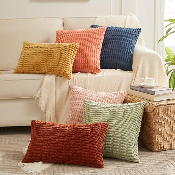 Fancy Homi 4 Packs Dusty Blue Decorative Throw Pillow Covers 18x18 Inch for Living Room Couch Bed Sofa, Rustic Farmhouse Boho Home Decor, Soft Plush Striped Corduroy Square Cushion Case 45x45 cm