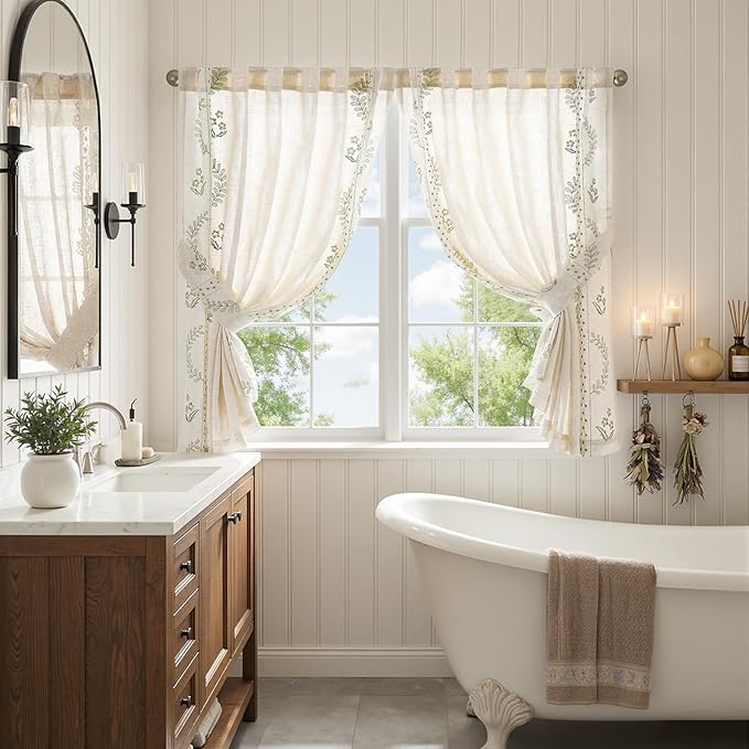 jinchan Belrose Linen Floral Cafe Curtains 45 Inch Length Embroidered Farmhouse Curtains for Kitchen Bedroom Bathroom Small Windows Curtain Set Light Filtering 2 Panels Sage Green
