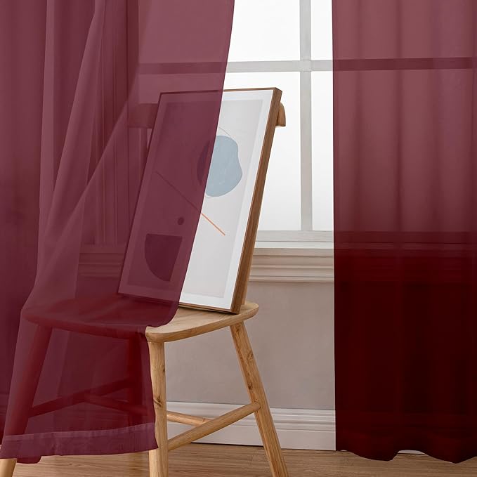 Simplebrand Burgundy Red Sheer Curtains 96 Inches Long, Light Filtering Rod Pocket Solid Color Window Sheer Curtain Panels, Elegant Curtains & Drapes for Living Room, Bedroom 2 Panels, 59" W x 96" L