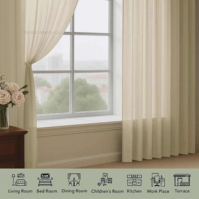 OWENIE Sheer Taupe Curtains 108 Inches Long for Living Room Bedroom 2 Panels Set, Lightweight Airy Taupe Sheer Curtain, Filmy Voile Rod Pocket, 2 PCS, Each 59" W x 108" L