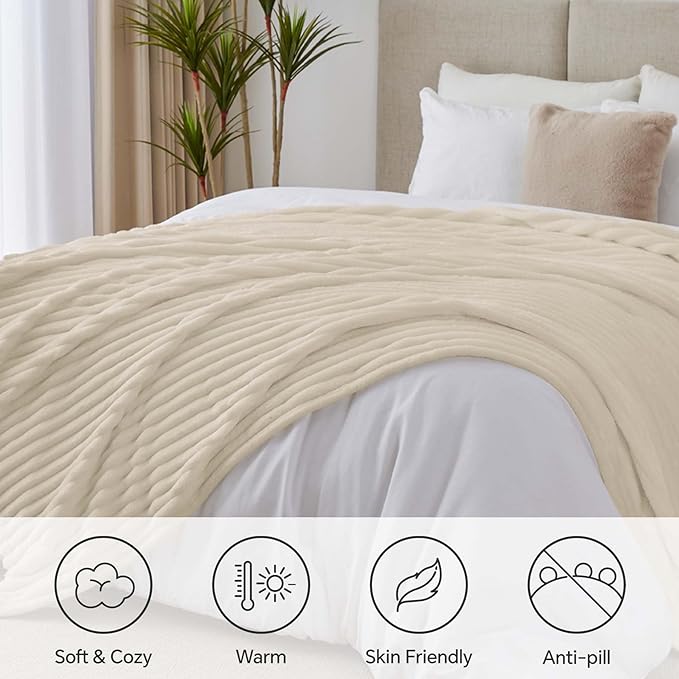 BEDELITE King Size Blanket for Bed, 300GSM Soft & Warm Fleece Blanket, Decorative and Giftable Striped Beige Blankets for Women, Men, 108"x90"
