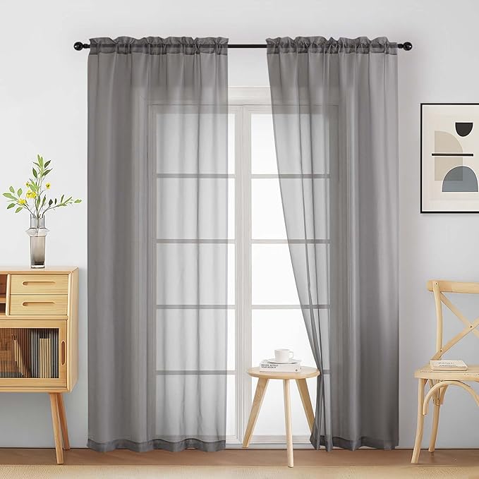 Grey Sheer Curtains 90 Inches Long 2 Panels, Light Filtering Solid Sheer Curtains for Bedroom Living Room, Lightweight Soft Airy Sheer Drapes, Dual Rod Pocket, Charcoal Grey, 2x42Wx90L Inches