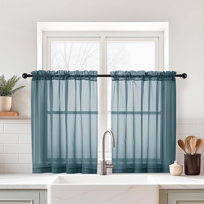 Small Sheer Curtains Tier 24 Inches Length 2 Pieces, Light Filtering Cafe Curtains for Living Room Bathroom, Modern Window Treatments Dual Rod Pocket Panels, Dusty Blue, 2X42Wx24L Inches