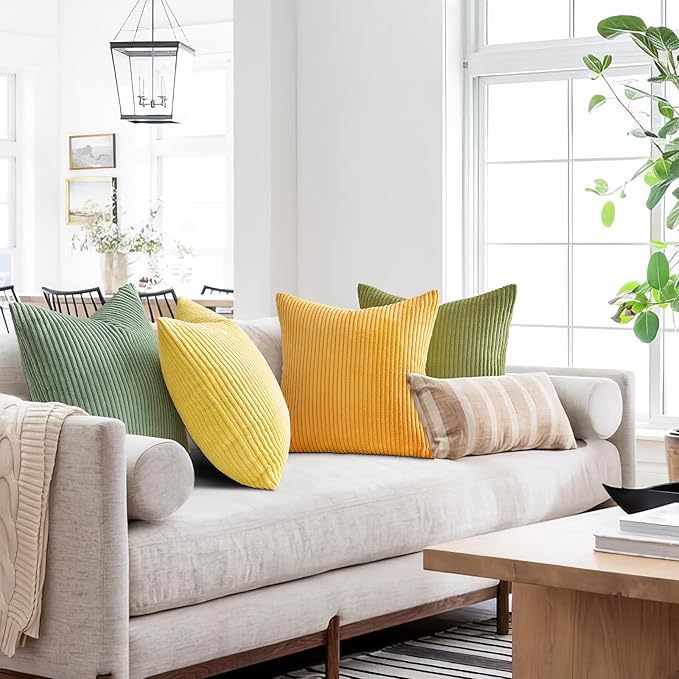 Topfinel Euro Shams Decorative Throw Pillow Covers 26x26 Inch Set of 4,Oversized Large Cushion Cases for Couch Sofa,Living Room,Corduroy Yellow Green Summer Home Decor