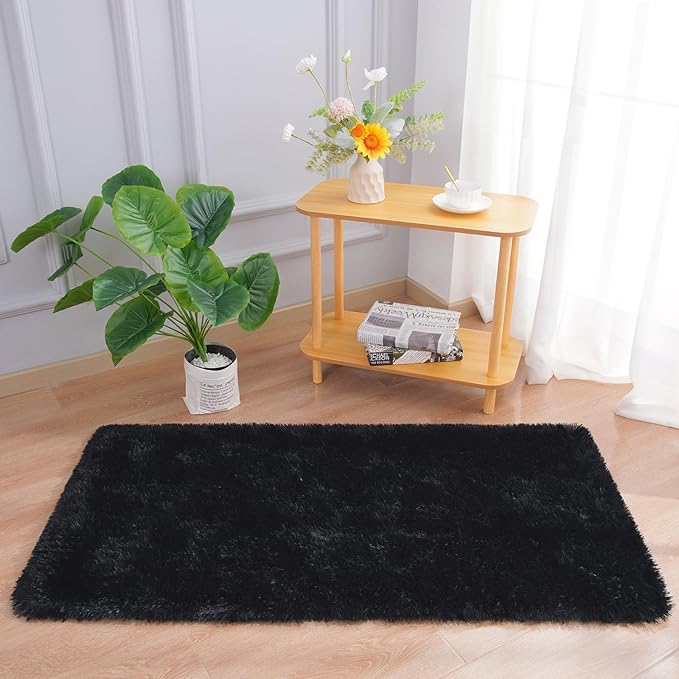 Chicrug Soft Area Rugs for Bedroom Living Room Plush Fluffy Rug 2x4 Feet, Shag Furry Area Rug Carpet Non Shedding for Nursery Children Kids Girls Room Home Decorative, Black
