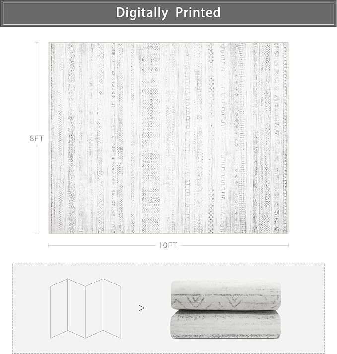 Moroccan Washable Rugs 8x10 Area Rugs for Living Room,Bedroom,Dining Room- Large Ultra Soft Faux Wool Retro Carpet,Non Slip&Non-Shedding Low Pile Vintage Print Rug for Home Office-(Gray-White)