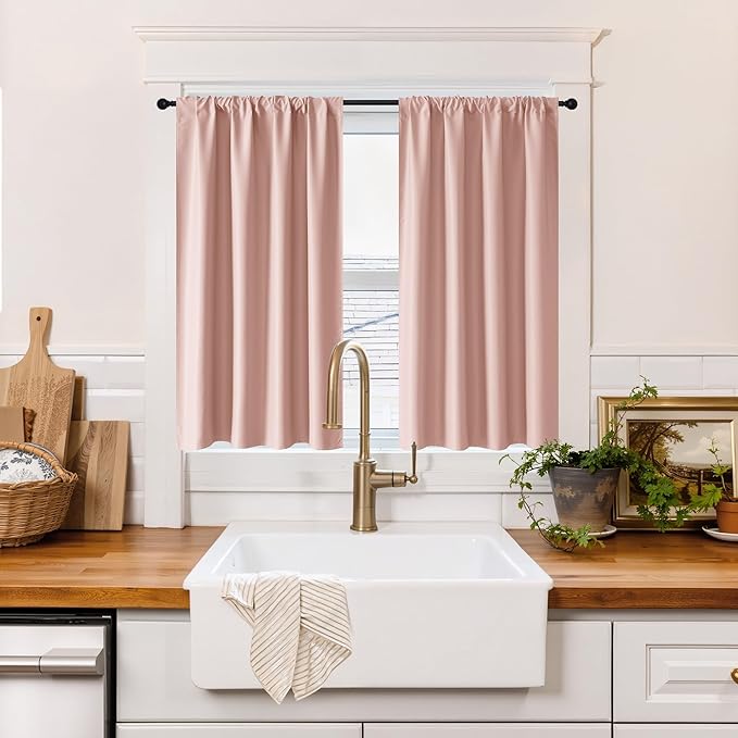 RYB HOME 100% Blackout Short Curtains for Small Window, Thermal Insulated Total Room Darkening Noise Reducing Curtains for Kitchen Bathroom Basement, 52 inches Wide by 36 inches Long, Peach Pink