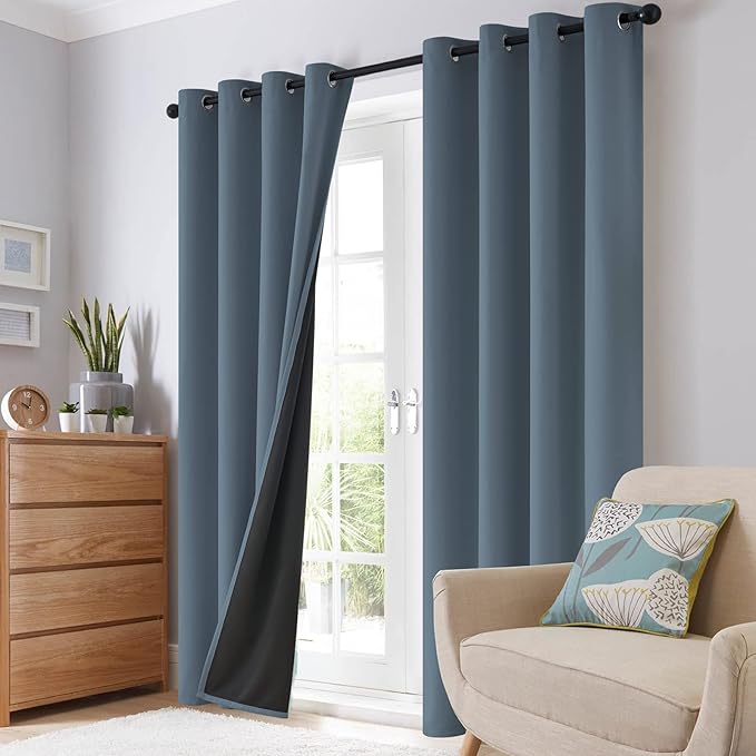 SimpleHome 100% Blackout Curtains for Bedroom,Thermal Insulated Grommet Window Drapes Room Darkening Stone Blue Curtains for Living Room with Black Back,52 x 63 Inch,2 Panels