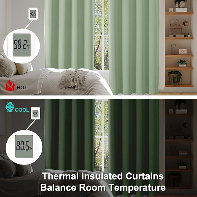 Simplebrand Ava Light Green Blackout Curtains for Bedroom 96 Inches Long 2 Panels, Solid Thermal Insulated, Energy Saving Nursery Window Treatment Curtains Blackout Drapes, W50 x L96 Inch, Light Green
