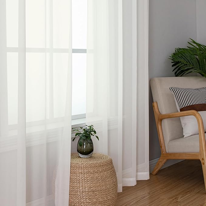Aiyufeng Modern Sheer Window Curtains, Rod Pocket Long Curtains Translucent Drapes Semitransparent Privacy with Light Through for Bedroom/Living Room, Ivory, W42 x L90, 2 Pieces