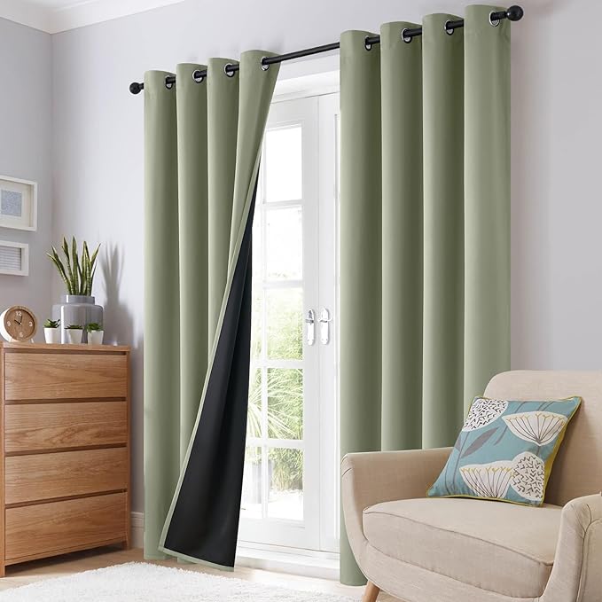 SimpleHome 100% Blackout Curtains for Bedroom,Thermal Insulated Light Sage Grommet Window Drapes Room Darkening Curtains for Living Room with Black Back,52 x 96 Inch,2 Panels