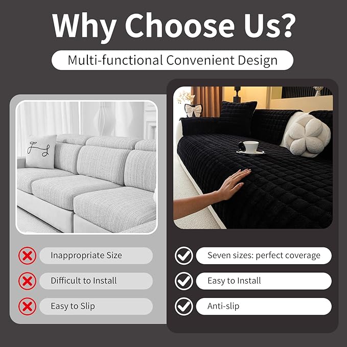 Velvet Couch Cover, Plush Sectional Sofa Cover Washable, Anti Slip Sofa Slipcover for 2-3 Cushion Sofas, Furniture Protector Covers for Pets & Kids(1PC, Black, 35.4"×63", Loveseat)