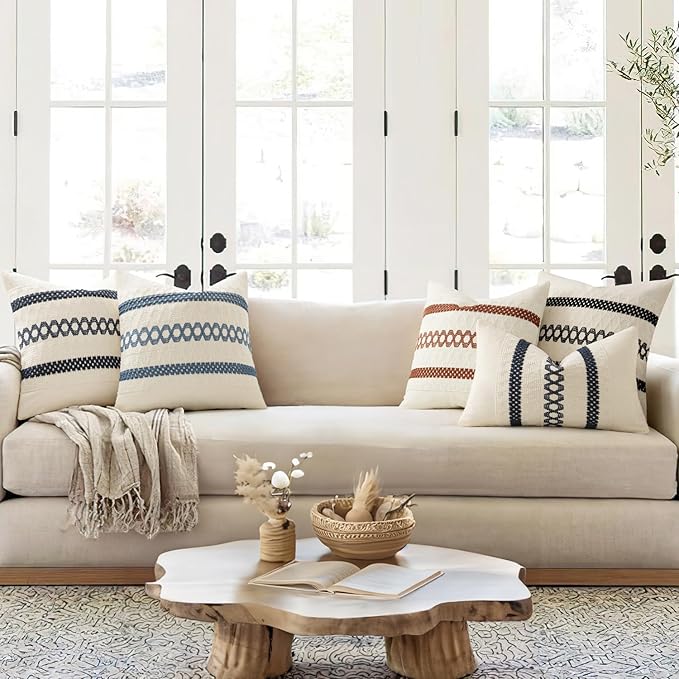 MIULEE Set of 2 Coastal Blue Boho Decorative Pillow Covers 18x18 Inch Farmhouse Rustic Couch Throw Pillows Modern Summer Cotton Cushion Covers Retro Cute Macrame Woven Spring Decor for Bed Sofa Chair