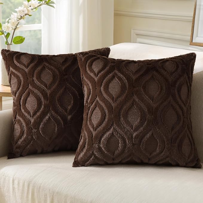 decorUhome Throw Pillow Covers 16x16 Inch Set of 2, Soft Plush Faux Wool Dark Brown Solid Couch Pillow Covers, Accent Farmhouse Neutral Square Pillow Cases for Sofa Bed Living Room