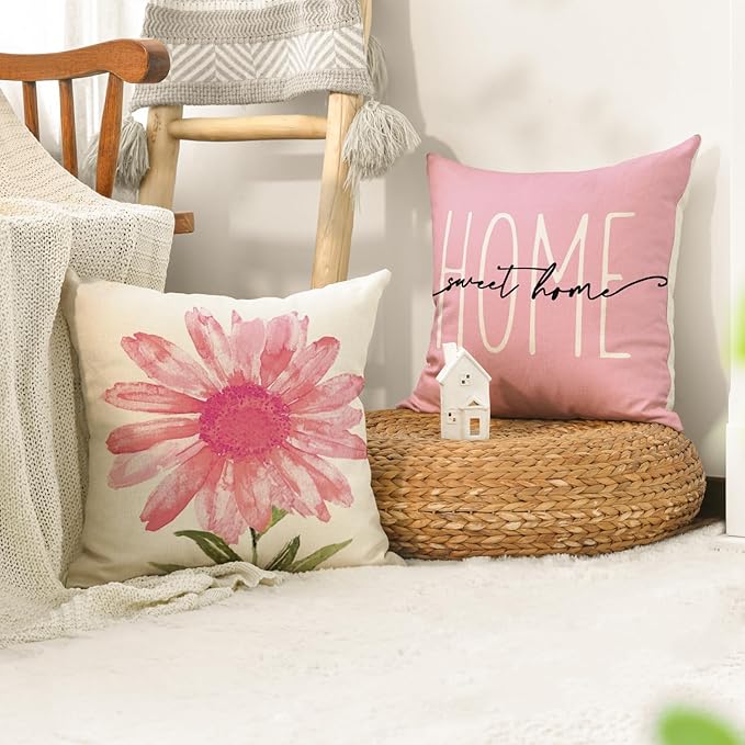 AVOIN colorlife Home Sweet Home Spring Summer Flowers Pink Throw Pillow Covers, 18 x 18 Inch Cushion Case for Sofa Couch Set of 4
