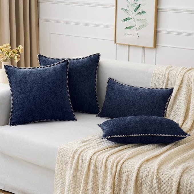 MIULEE Pack of 2 Couch Throw Pillow Covers 18x18 Inch Navy Blue Farmhouse Decorative Pillow Covers with Stitched Edge Soft Chenille Solid Dyed Spring Pillow Covers for Sofa Bed Living Room