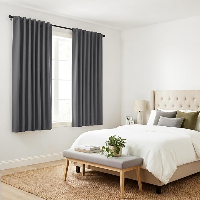 PONY DANCE Curtains 45 inch Length - Double Panels Back Tab & Rod Pocket Thermal Insulated Short Blackout Drapes for Kitchen Bedroom, 52" x 45" Per Panel, Dark Grey, 2 Pieces