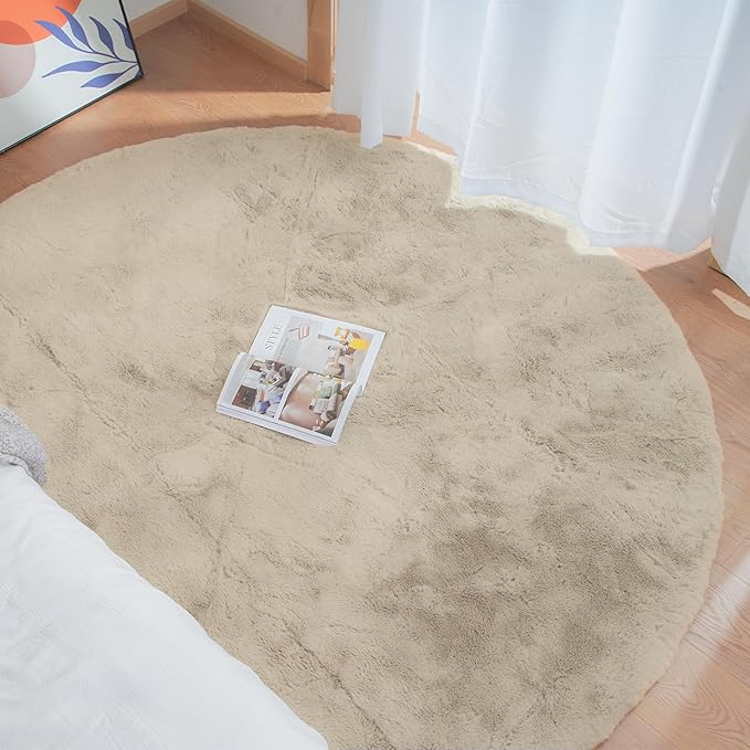 ORINOVA Light Brown Beige Washable Shaggy Round Rug 5ft Faux Rabbit Fur Rugs for Living Room Circle Nursery Rug for Bedroom Girl Room Décor
