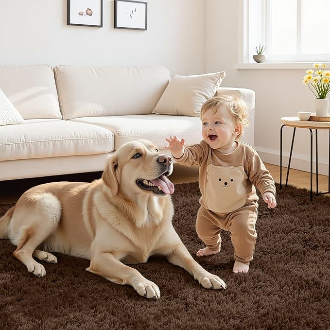 2x6 Bedside Area Rugs for Bedroom: Soft Fluffy Shag Brown Rug for Hallway, Non-Slip Fuzzy Plush Living Room Rug Indoor Floor Carpet for Kids Rooms, Dorm, Nursery, Modern Home Aesthetic Decor