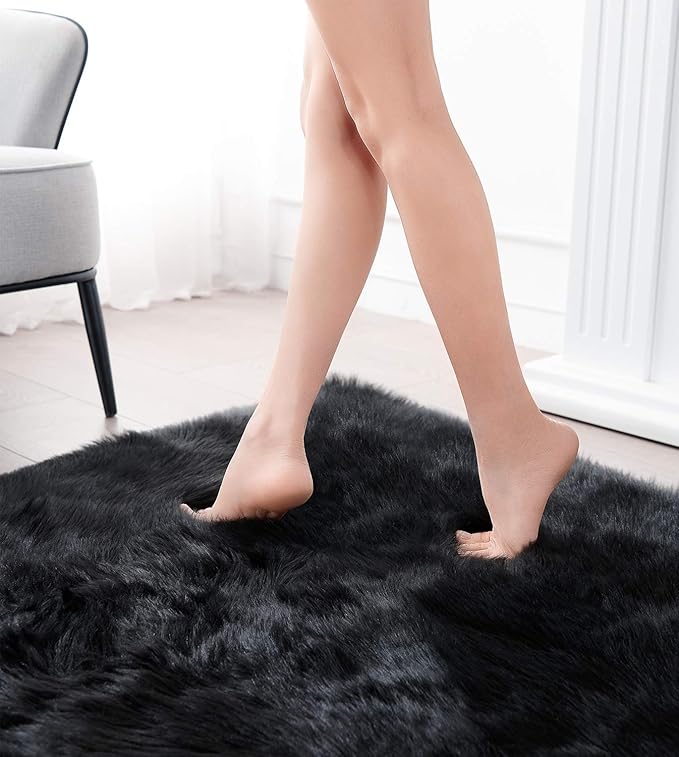 Ciicool Ultra Soft Faux Sheepskin Fur Rug Fluffy Rug for Bedroom Fuzzy Carpet for Living Room Kid's Room Nursery Decor, Black 2 x 6 Feet