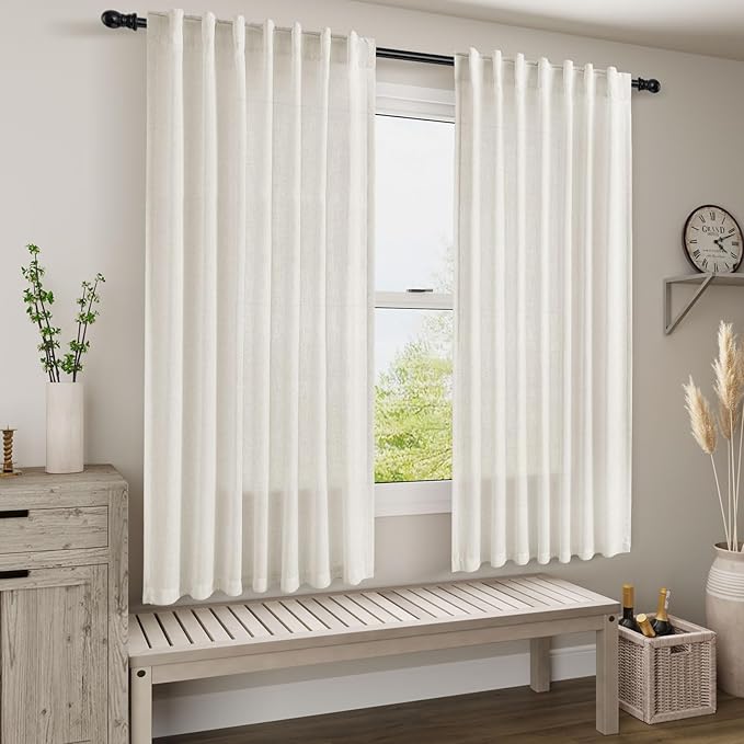 Cream Linen Back Tab Pocket Curtains 60 Inch Length for Living Room 2 Panel Set Neutral Modern Farmhouse Window Curtain Semi Sheer Light Filtering Privacy Drapes for Bedroom Natural Ivory 52x60
