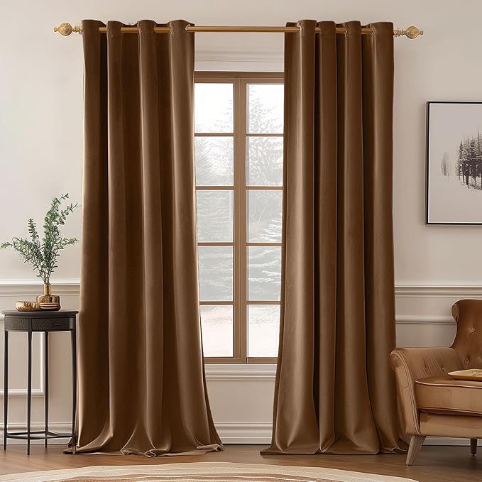 MIULEE Velvet Curtains Chocolate Elegant Grommet Thermal Insulated Soundproof Brown Room Darkening Curtains/Drapes for Classical Living Room Bedroom Decor 52 x 90 Inch Set of 2
