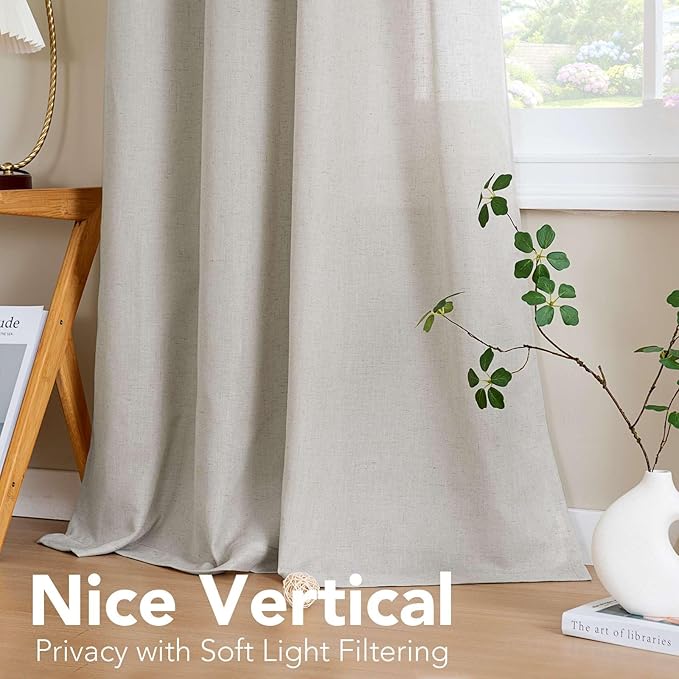 H.VERSAILTEX Living Room Linen Curtains - Semi Sheer, Nickel Grommet, Energy Saving, Light Filtering Window Treatments - Pale Oak, 2 Panels, 52 x 63 Inch