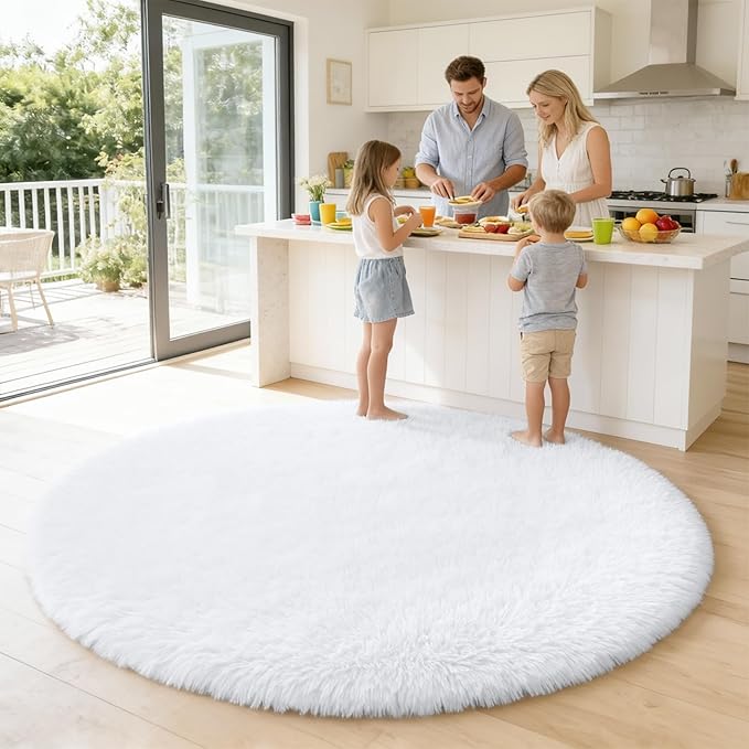 OLANLY White Round Rugs for Bedroom - Machine Washable, 6 ft Circle Area Rugs for Living Room, Soft and Fluffy Shaggy Carpet for Teen Girls and Boys, Nursery Rooms, Dorms, Home Decor Aesthetic