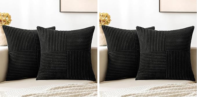 MIULEE Black Decorative Throw Pillow Covers 18x18 Inch for Couch Bed Sofa Pack of 4 Boho Farmhouse Throw Pillows Soft Cross Corduroy Patchwork Textured Cushion Cases