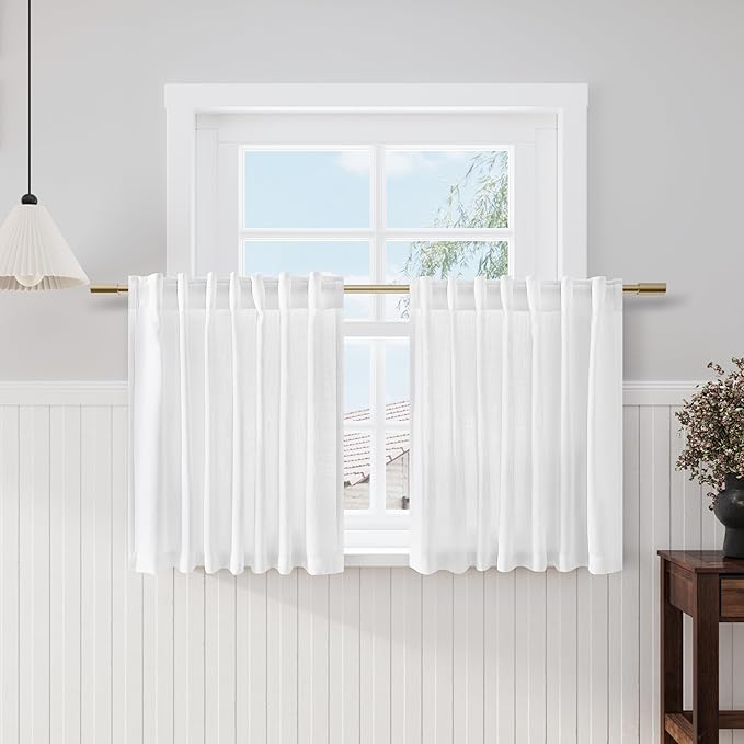 Nanspring White Semi Sheer Linen Textured Valances for Small Short Windows 2 Panels Set Back Tab Rod Pocket Light Filtering Linen Curtains for Kitchen Kids Room Breathable Home Decor 52x30