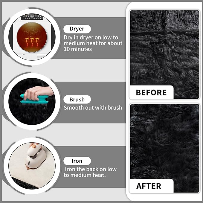 Ciicool Black Fluffy Round Fur Area Rug for Bedroom, Circle Faux Fur Rugs for Kids Room, Cute Fuzzy Nursery Carpet, Shaggy Circular Rugs Floor Carpets for Teens Girls Rooms Home Decor, 4 x 4 Feet